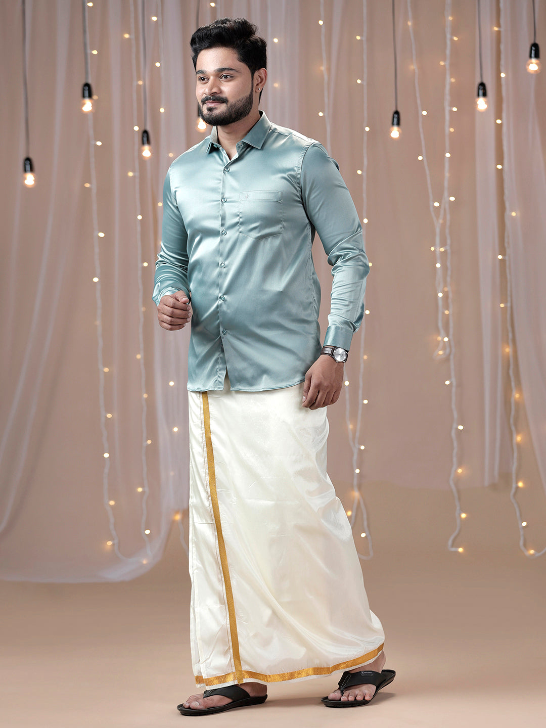 Mens Grayish Green Full Sleeves Shirt with Art Silk Double Dhoti Combo PS8-Sid ealternative view