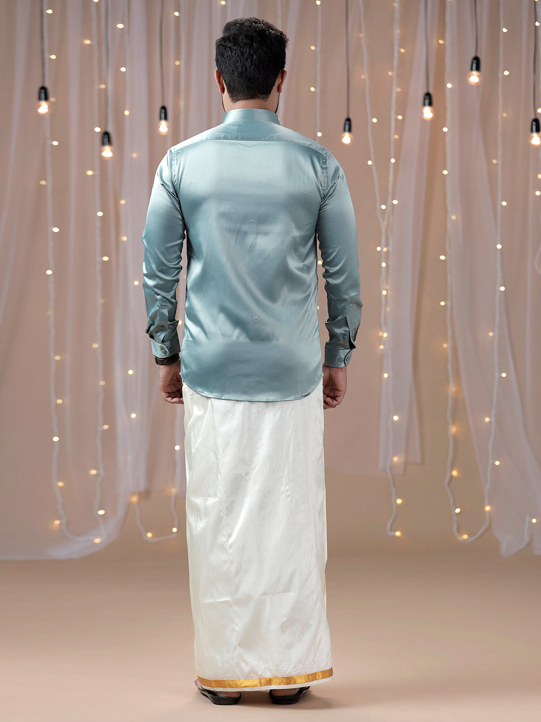 Mens Grayish Green Full Sleeves Shirt with Art Silk Double Dhoti Combo PS8-Back view