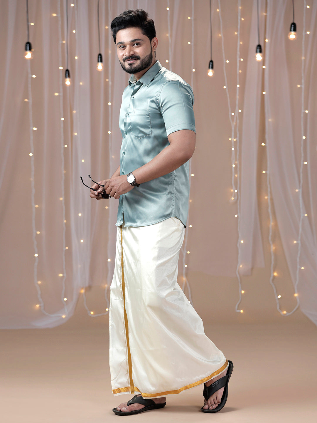 Mens Grayish Green Half Sleeves Shirt with Art Silk Double Dhoti Combo PS8-Side alternative view