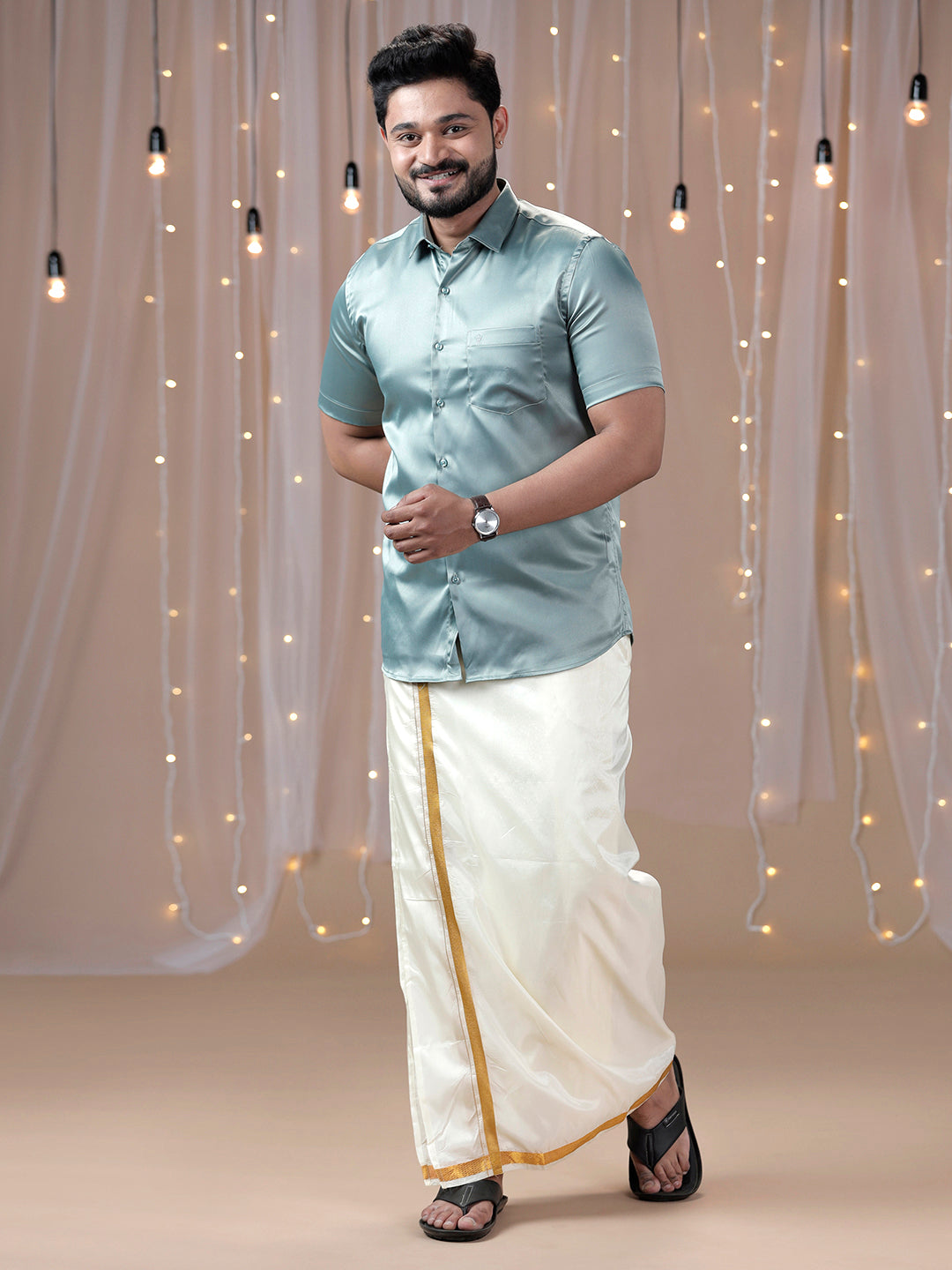 Mens Grayish Green Half Sleeves Shirt with Art Silk Double Dhoti Combo PS8-Front view