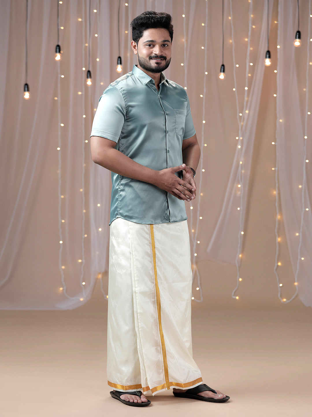 Mens Grayish Green Half Sleeves Shirt with Art Silk Double Dhoti Combo PS8-Side view