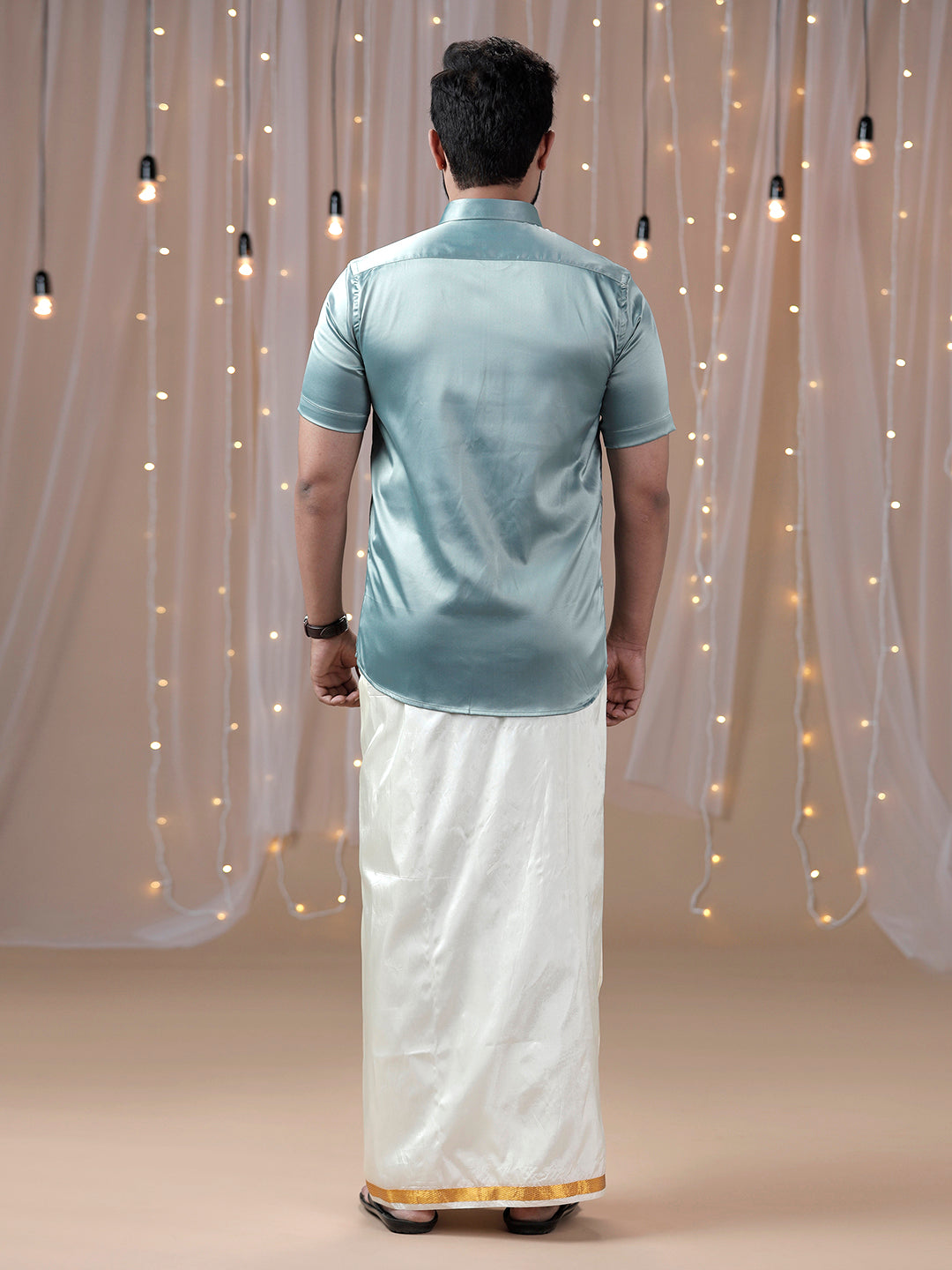 Mens Grayish Green Half Sleeves Shirt with Art Silk Double Dhoti Combo PS8-Back view