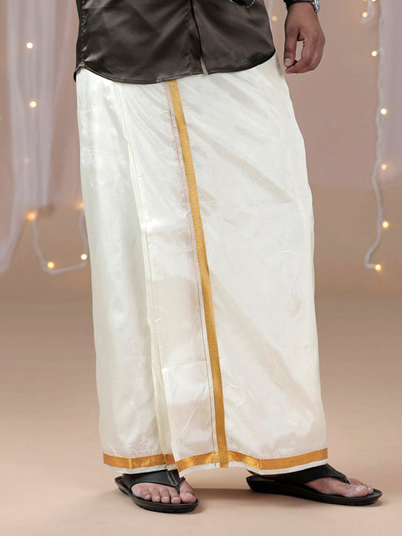 Men 3/4'' inch Gold Jari Border Double Layer Cream Dhoti Iswaryam