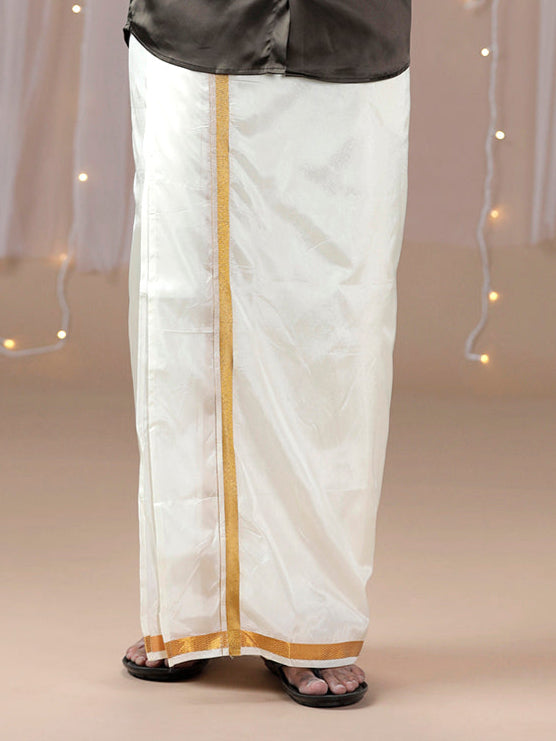 Men 3/4'' inch Gold Jari Border Double Layer Cream Dhoti Iswaryam