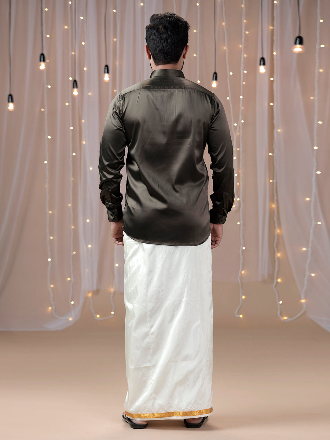 Mens Grayish Brown Full Sleeves Shirt with Art Silk Double Dhoti Combo PS10-Back view