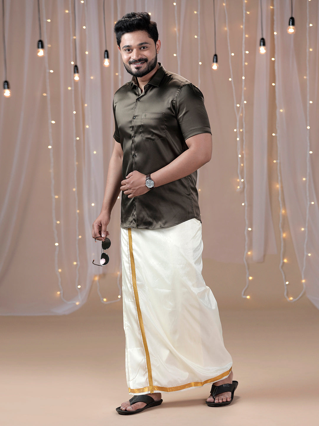 Mens Grayish Brown Half Sleeves Shirt with Art Silk Double Dhoti Combo PS10-Side view