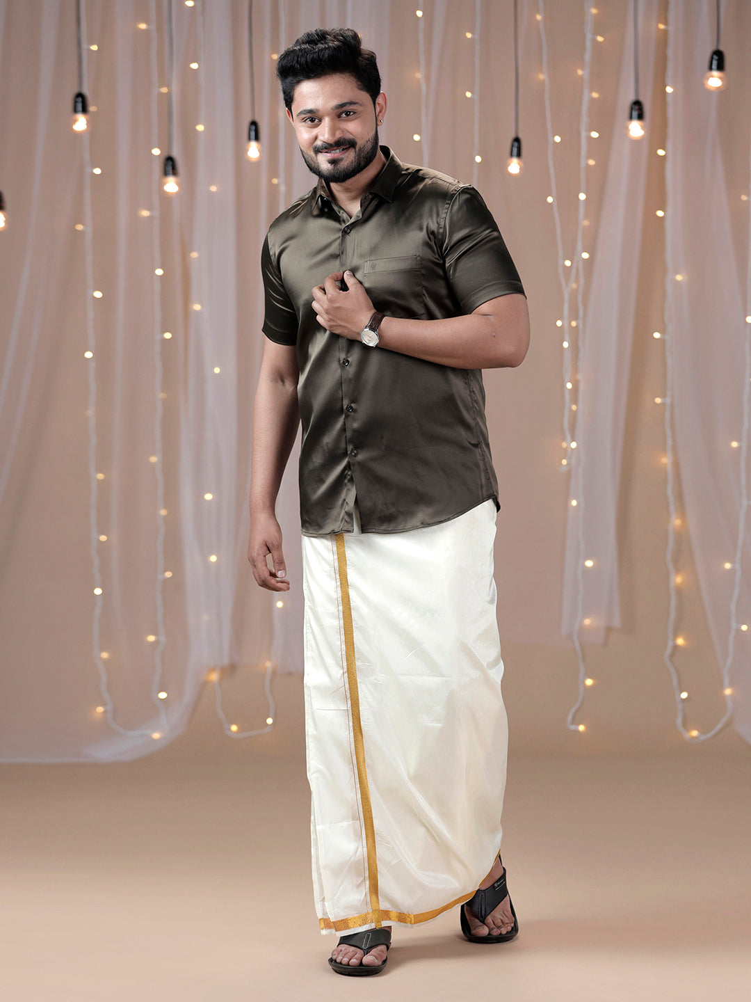 Mens Grayish Brown Half Sleeves Shirt with Art Silk Double Dhoti Combo PS10