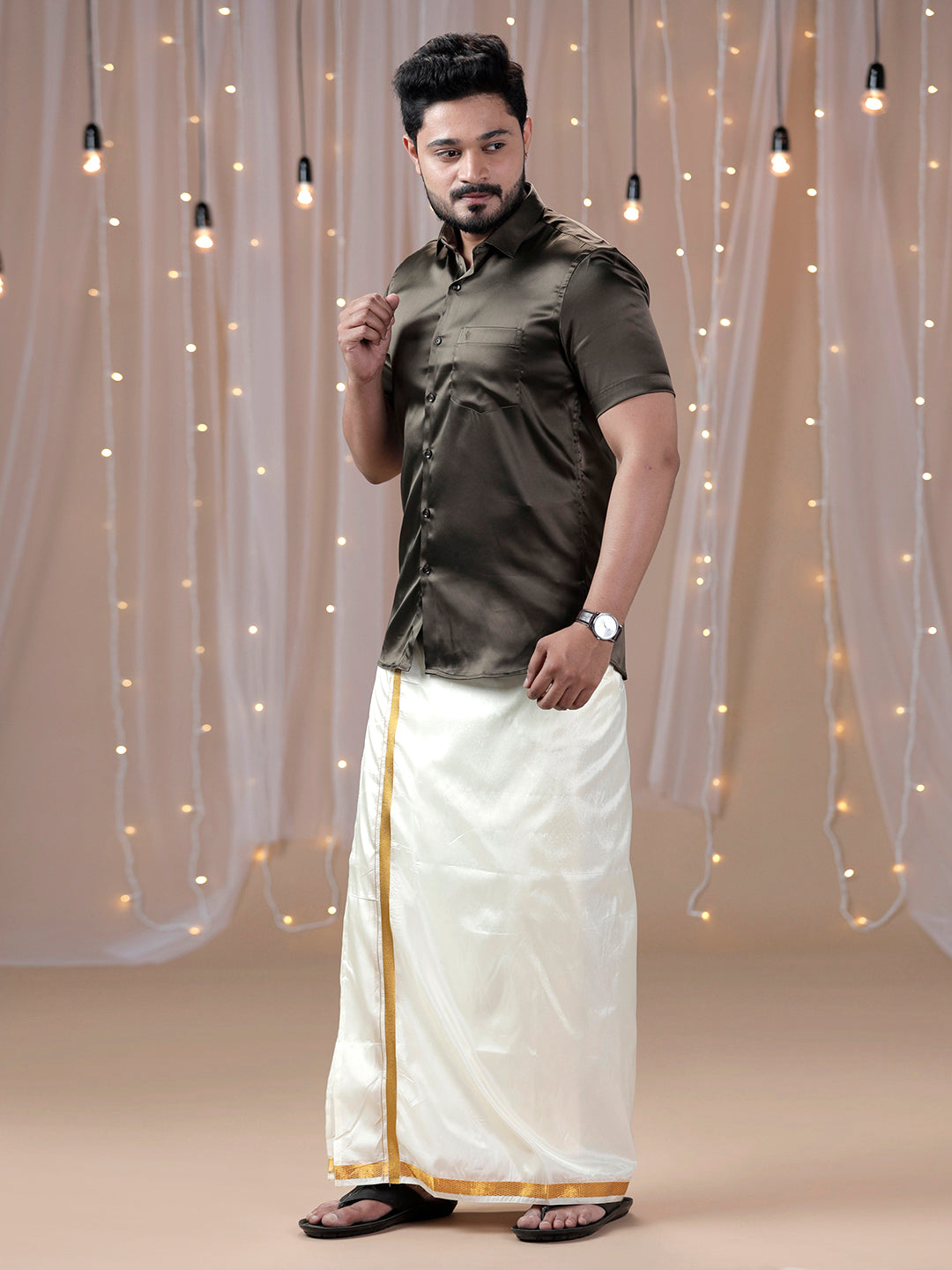 Mens Grayish Brown Half Sleeves Shirt with Art Silk Double Dhoti Combo PS10-Side alternaative view