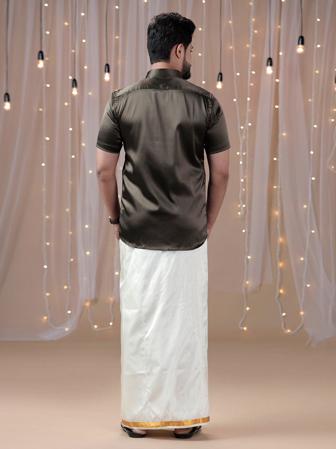 Mens Grayish Brown Half Sleeves Shirt with Art Silk Double Dhoti Combo PS10-Back view