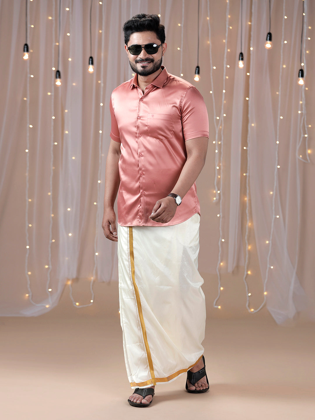 Mens Dark Peach Half Sleeves Shirt with Art Silk Double Dhoti Combo PS3