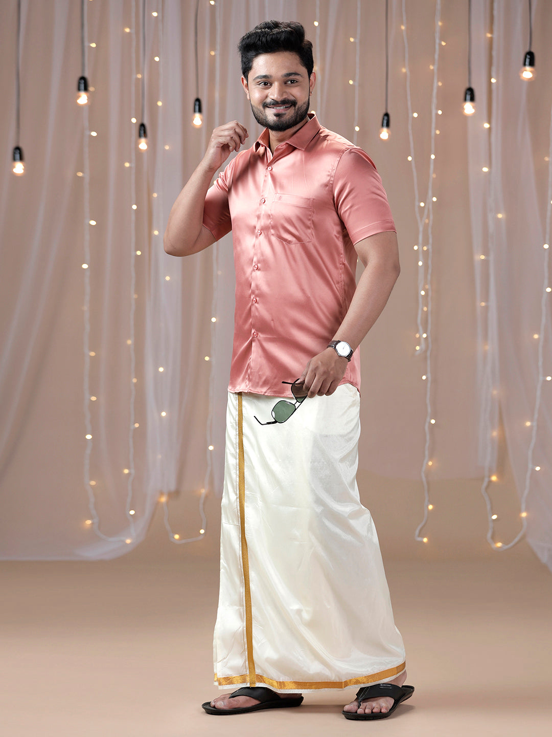 Mens Dark Peach Half Sleeves Shirt with Art Silk Double Dhoti Combo PS3-Side alternative view