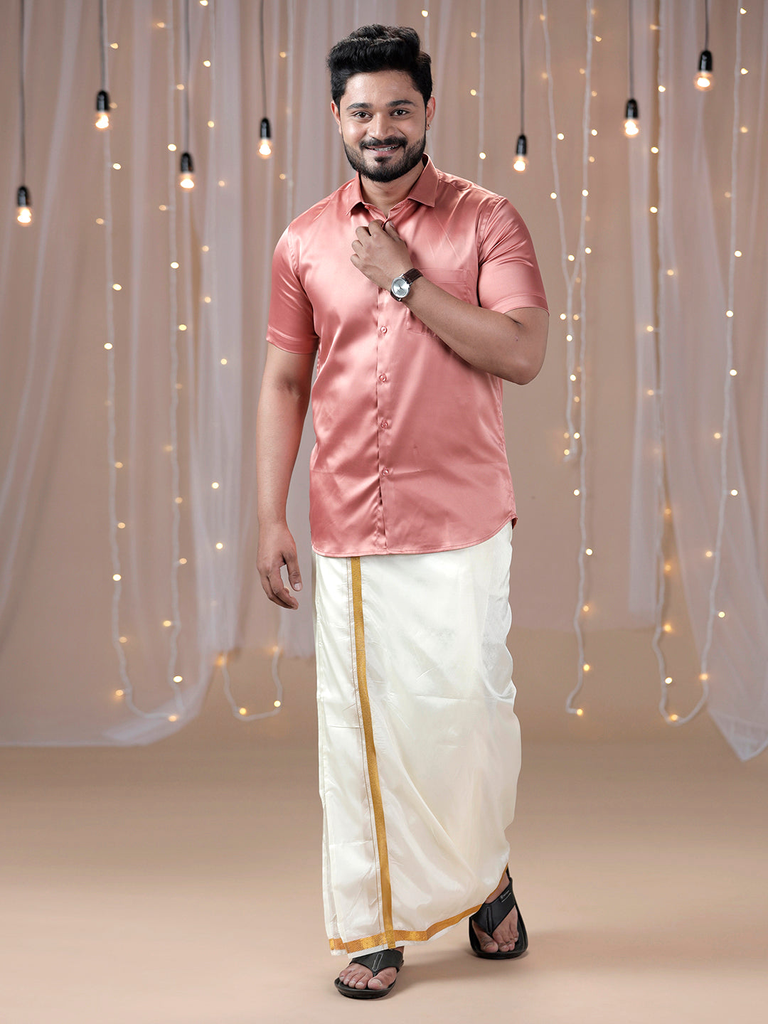 Mens Dark Peach Half Sleeves Shirt with Art Silk Double Dhoti Combo PS3-Front view