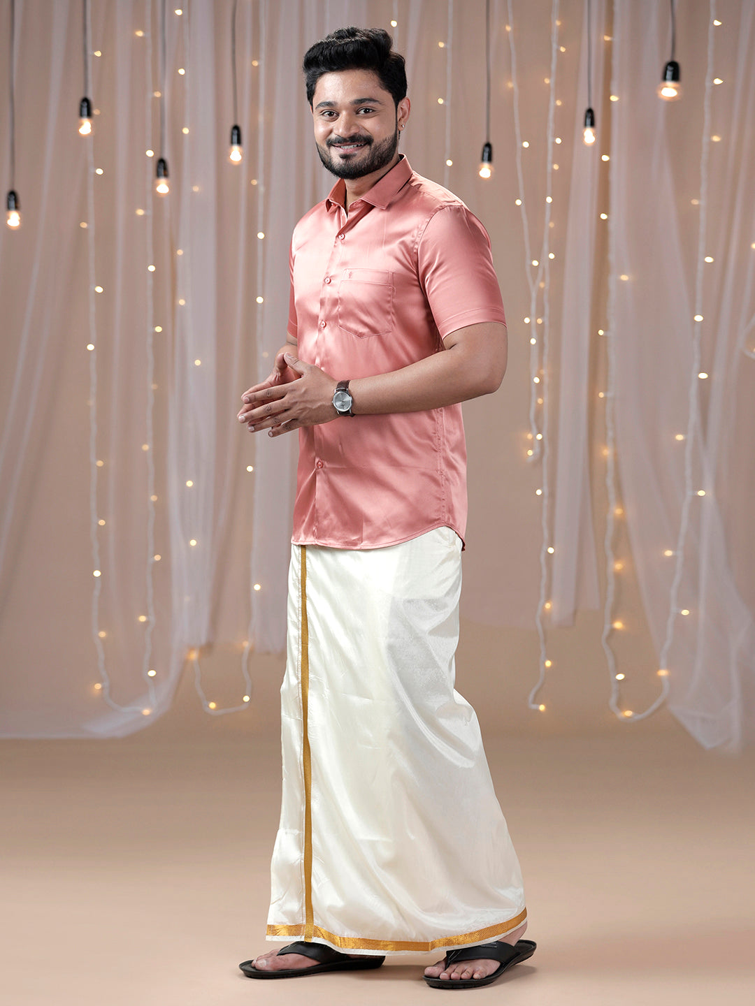 Mens Dark Peach Half Sleeves Shirt with Art Silk Double Dhoti Combo PS3-Side view