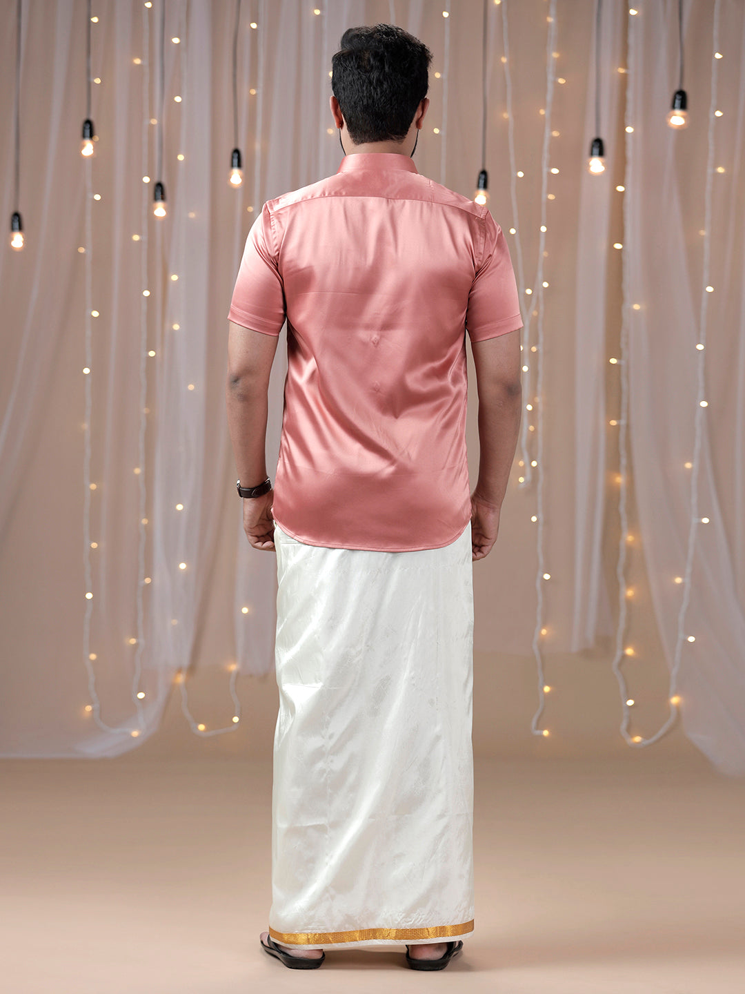 Mens Dark Peach Half Sleeves Shirt with Art Silk Double Dhoti Combo PS3-Back view