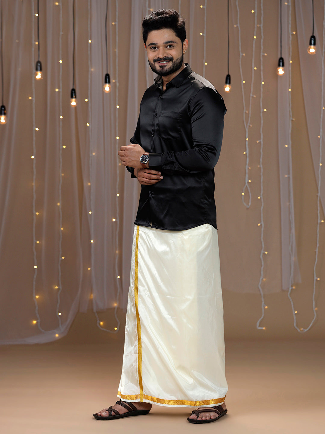 Mens Black Full Sleeves Shirt with Art Silk Double Dhoti Combo PS5-Side alternative view