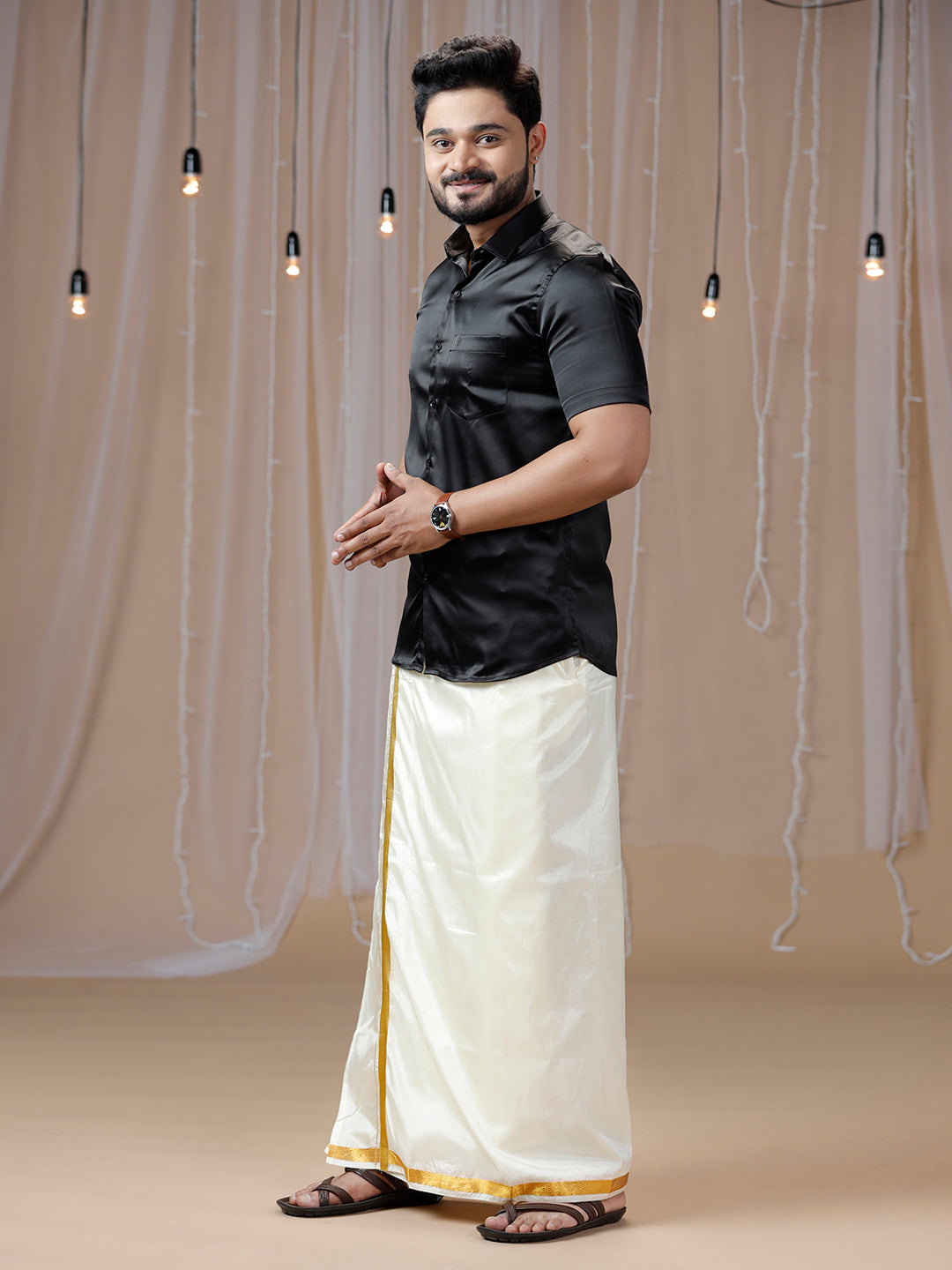 Mens Black Half Sleeves Shirt with Art Silk Double Dhoti Combo PS5-Side alternative view