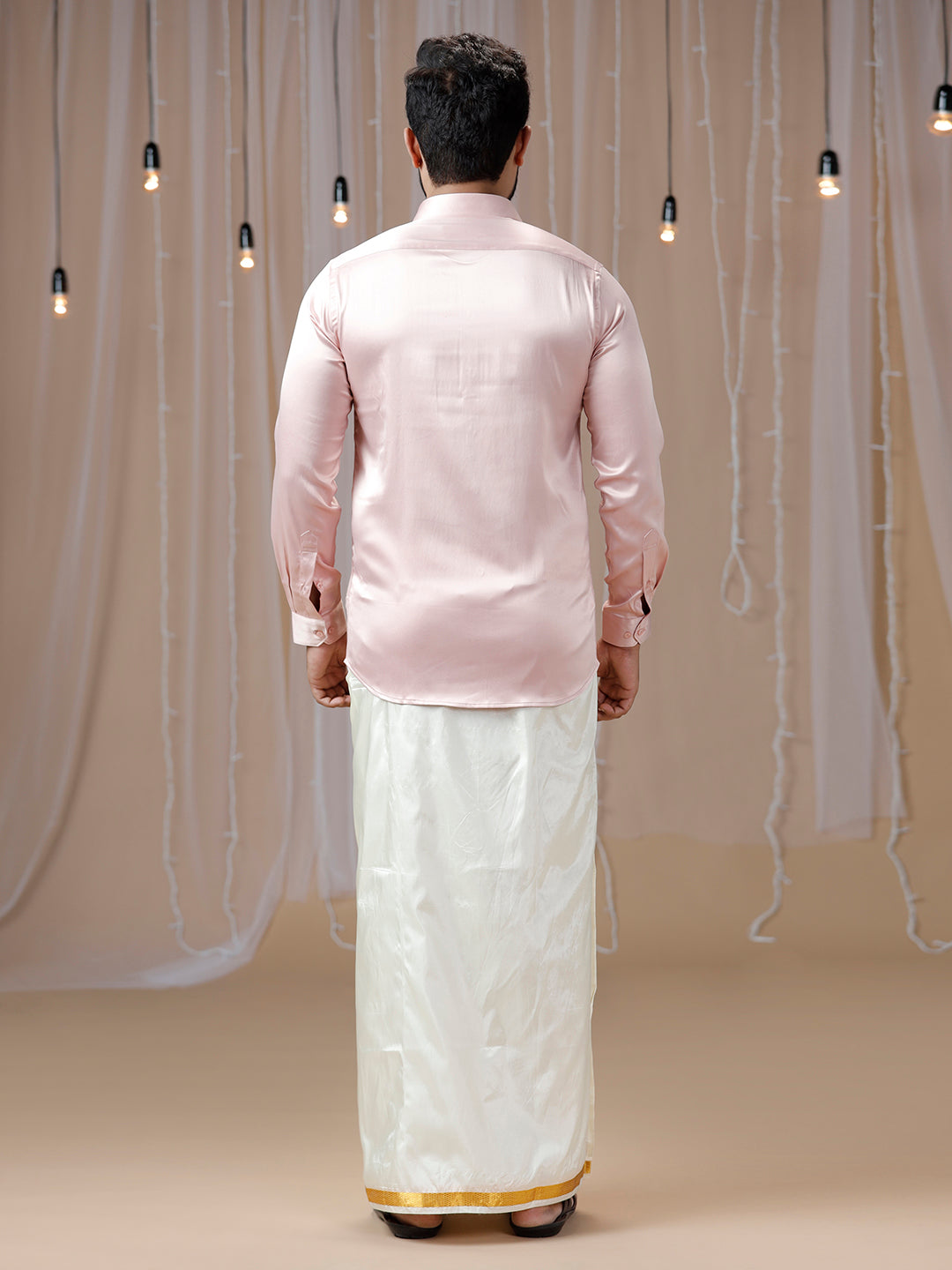 Mens Pink Full Sleeves Shirt with Art Silk Double Dhoti Combo PS9-Back view