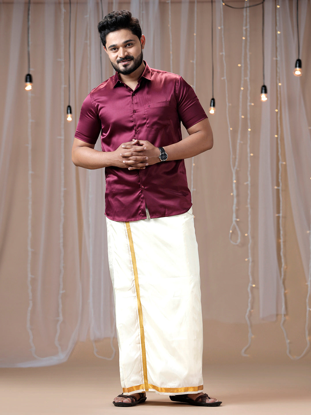 Mens Purple Half Sleeves Shirt with Art Silk Double Dhoti Combo PS7