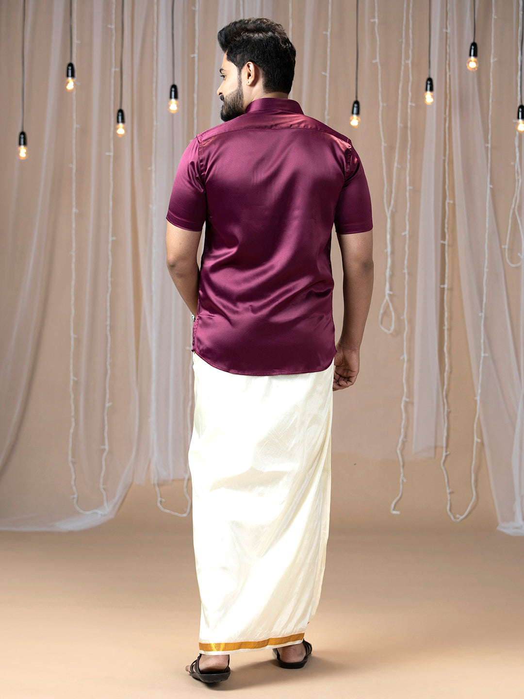 Mens Purple Half Sleeves Shirt with Art Silk Double Dhoti Combo PS7-Back view