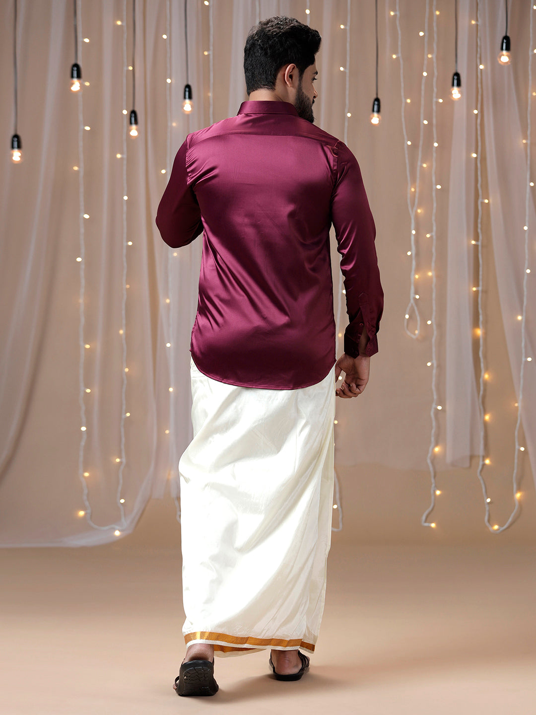 Mens Purple Full Sleeves Shirt with Art Silk Double Dhoti Combo PS7-Back view