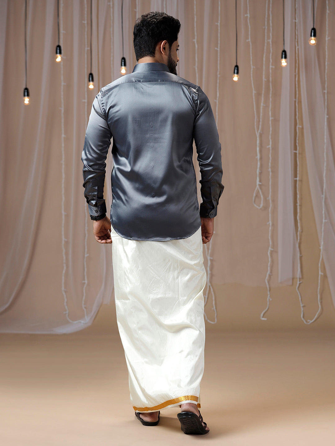 Mens Grey Full Sleeves Shirt with Art Silk Double Dhoti Combo PS2-Back view