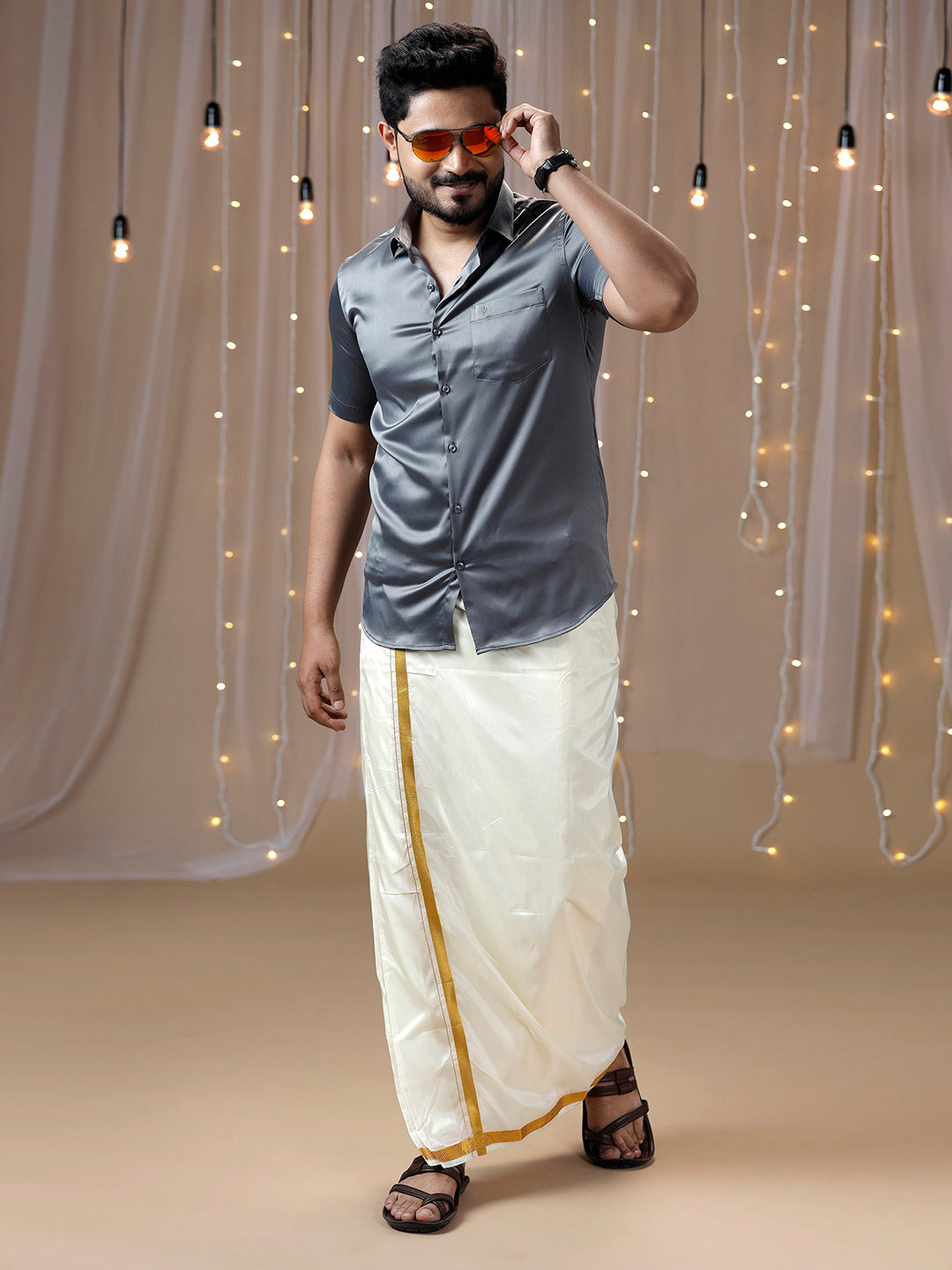 Mens Grey Half Sleeves Shirt with Art Silk Double Dhoti Combo PS2