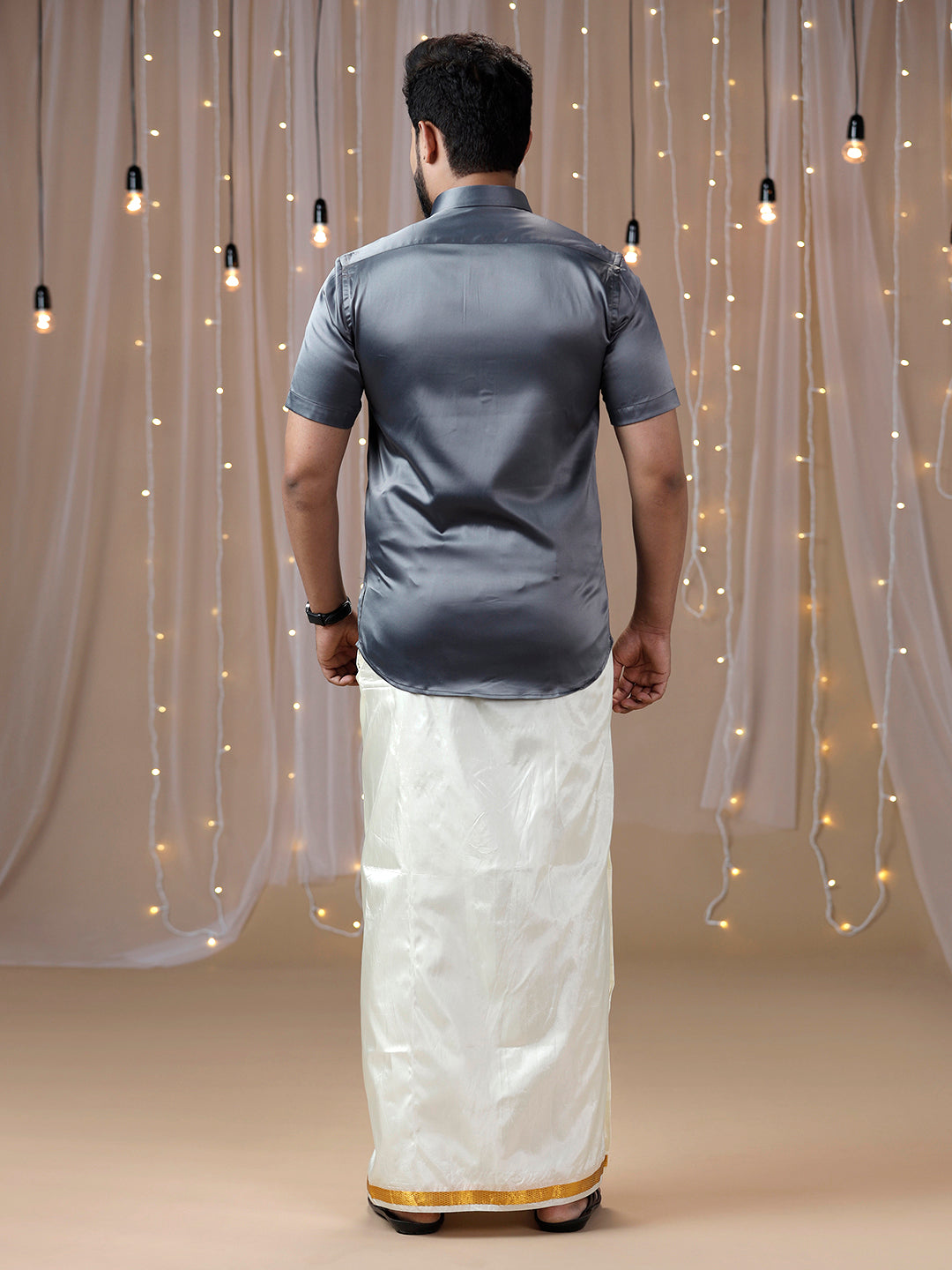 Mens Grey Half Sleeves Shirt with Art Silk Double Dhoti Combo PS2-Back view