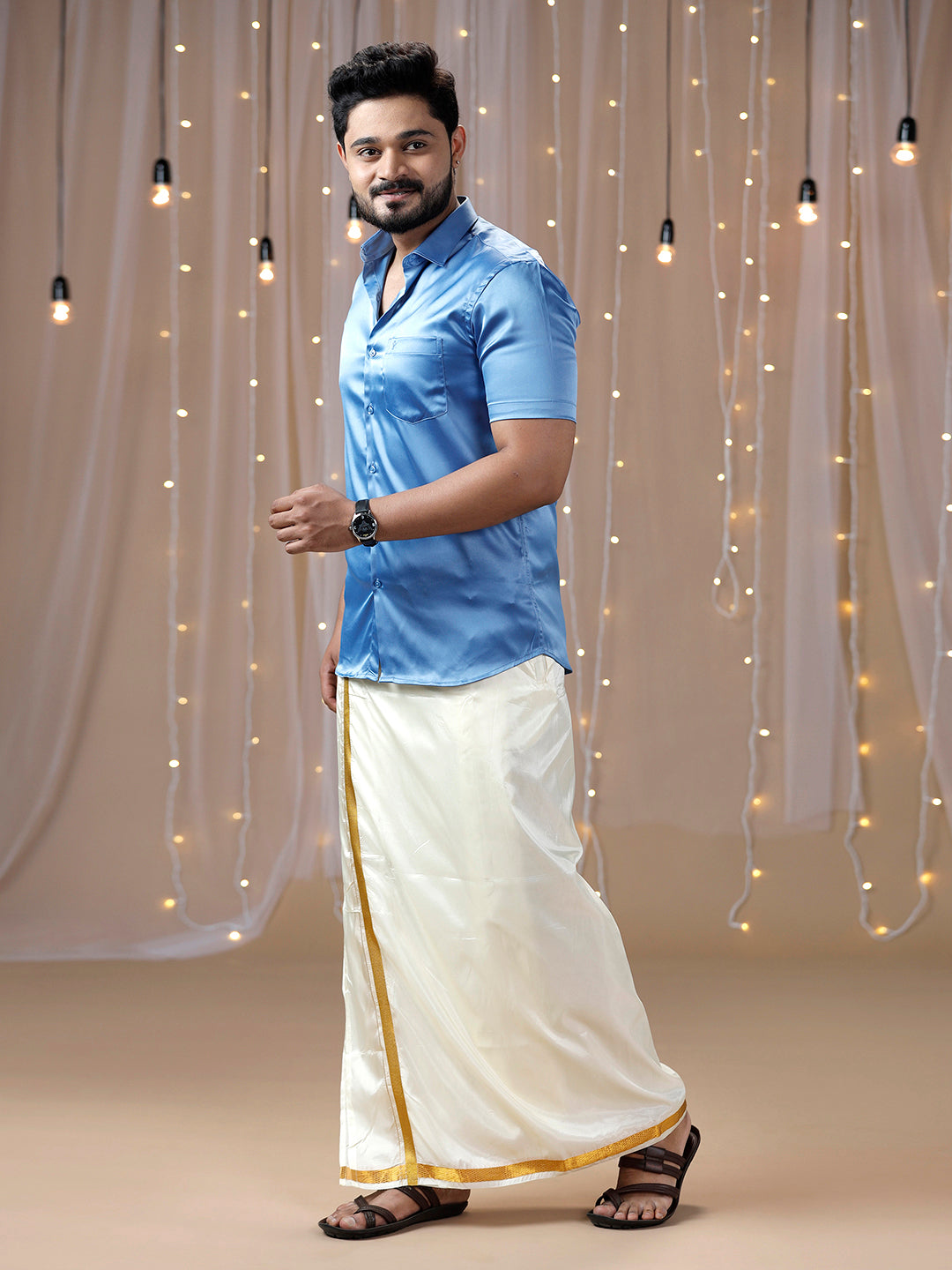 Mens Sky Blue Half Sleeves Shirt with Art Silk Double Dhoti Combo PS6-Side view