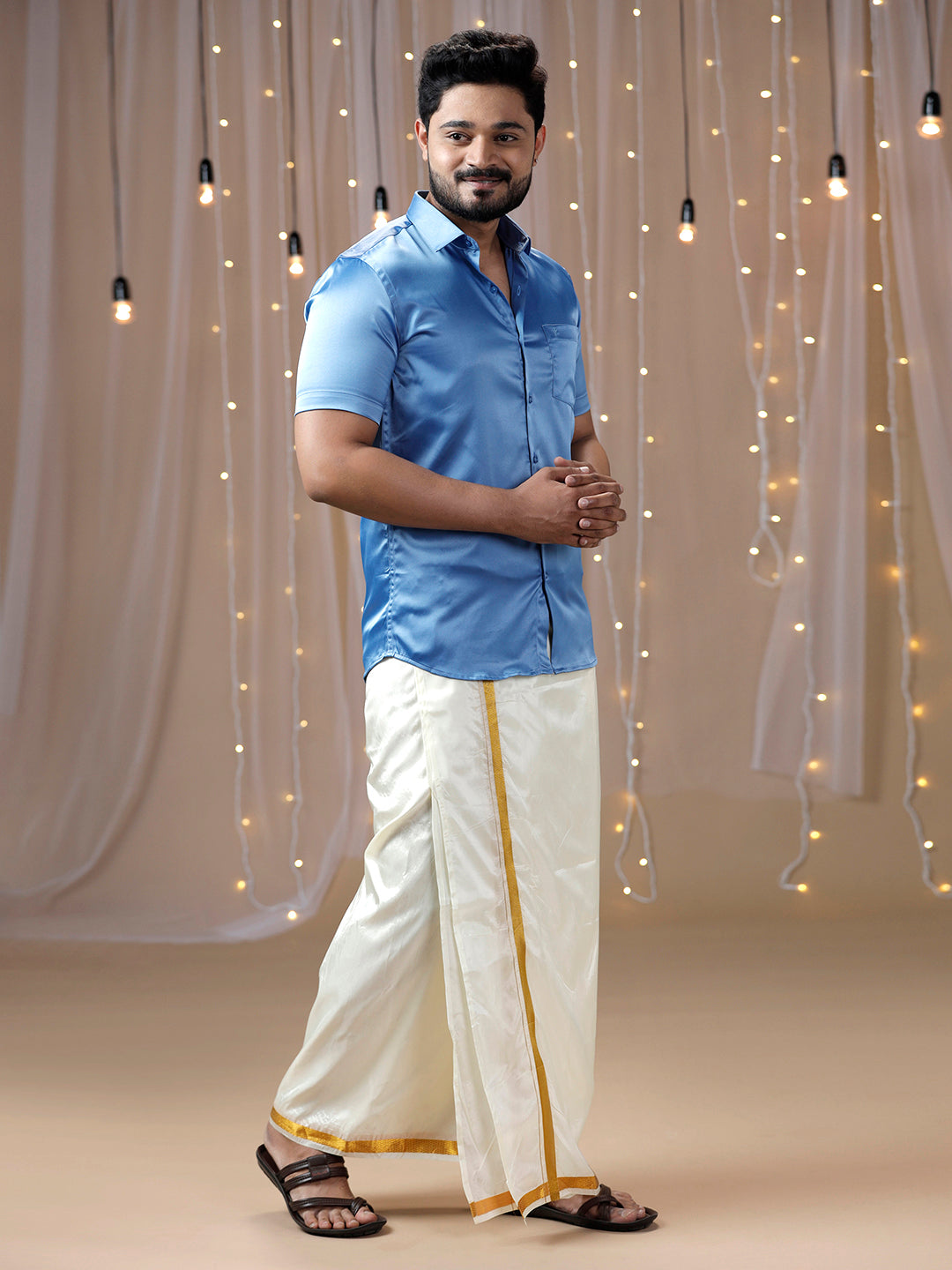 Mens Sky Blue Half Sleeves Shirt with Art Silk Double Dhoti Combo PS6-Side alternative view