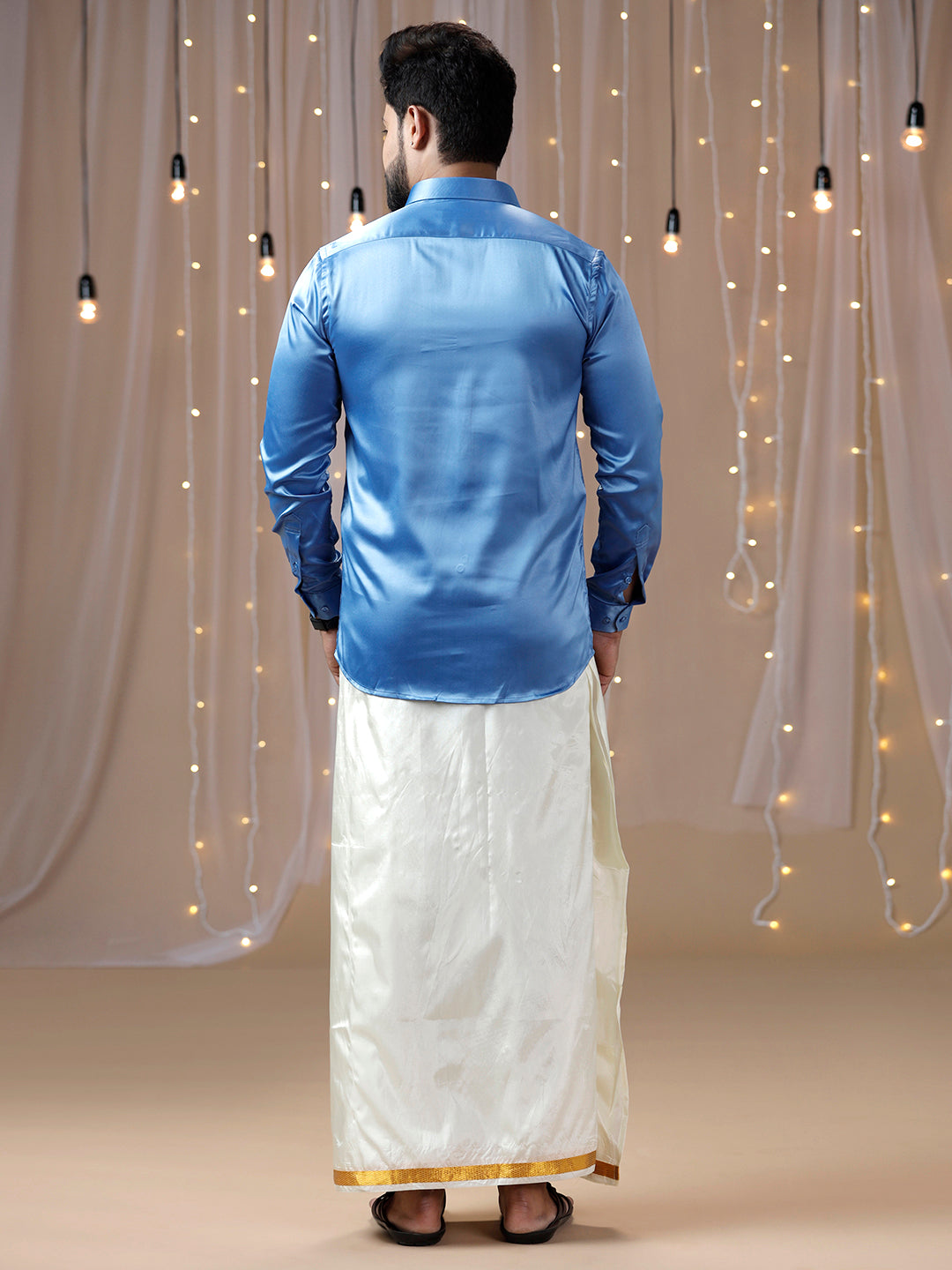 Mens Sky Blue Full Sleeves Shirt with Art Silk Double Dhoti Combo PS6-Back view