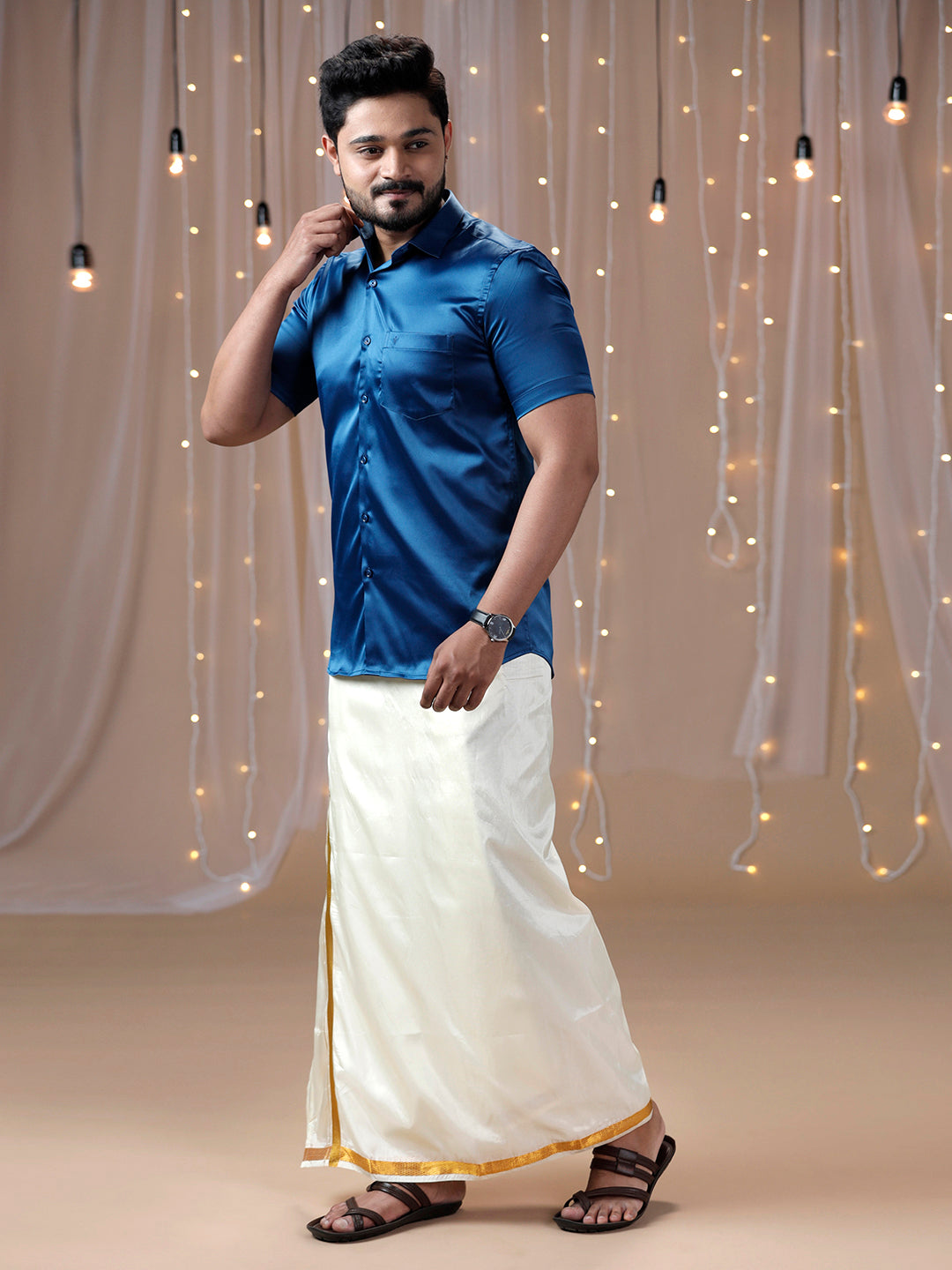 Mens Dark Blue Half Sleeves Shirt with Art Silk Double Dhoti Combo PS4-Side alternative view