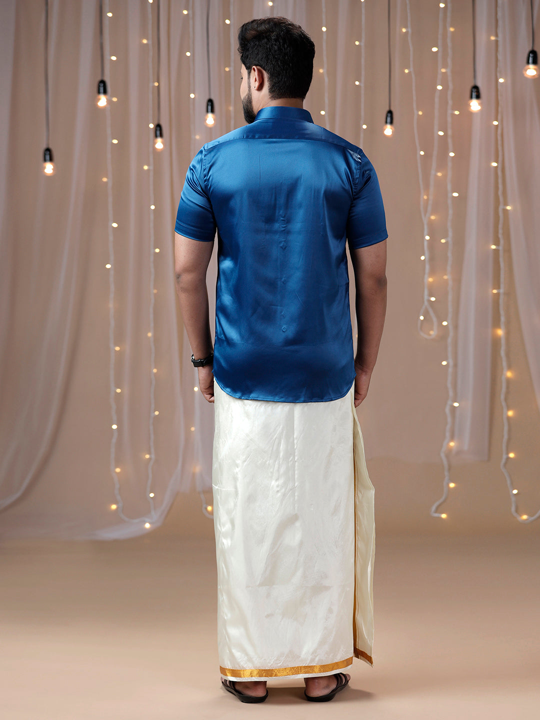 Mens Dark Blue Half Sleeves Shirt with Art Silk Double Dhoti Combo PS4-Back view