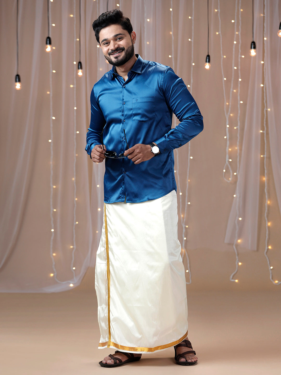 Mens Dark Blue Full Sleeves Shirt with Art Silk Double Dhoti Combo PS4