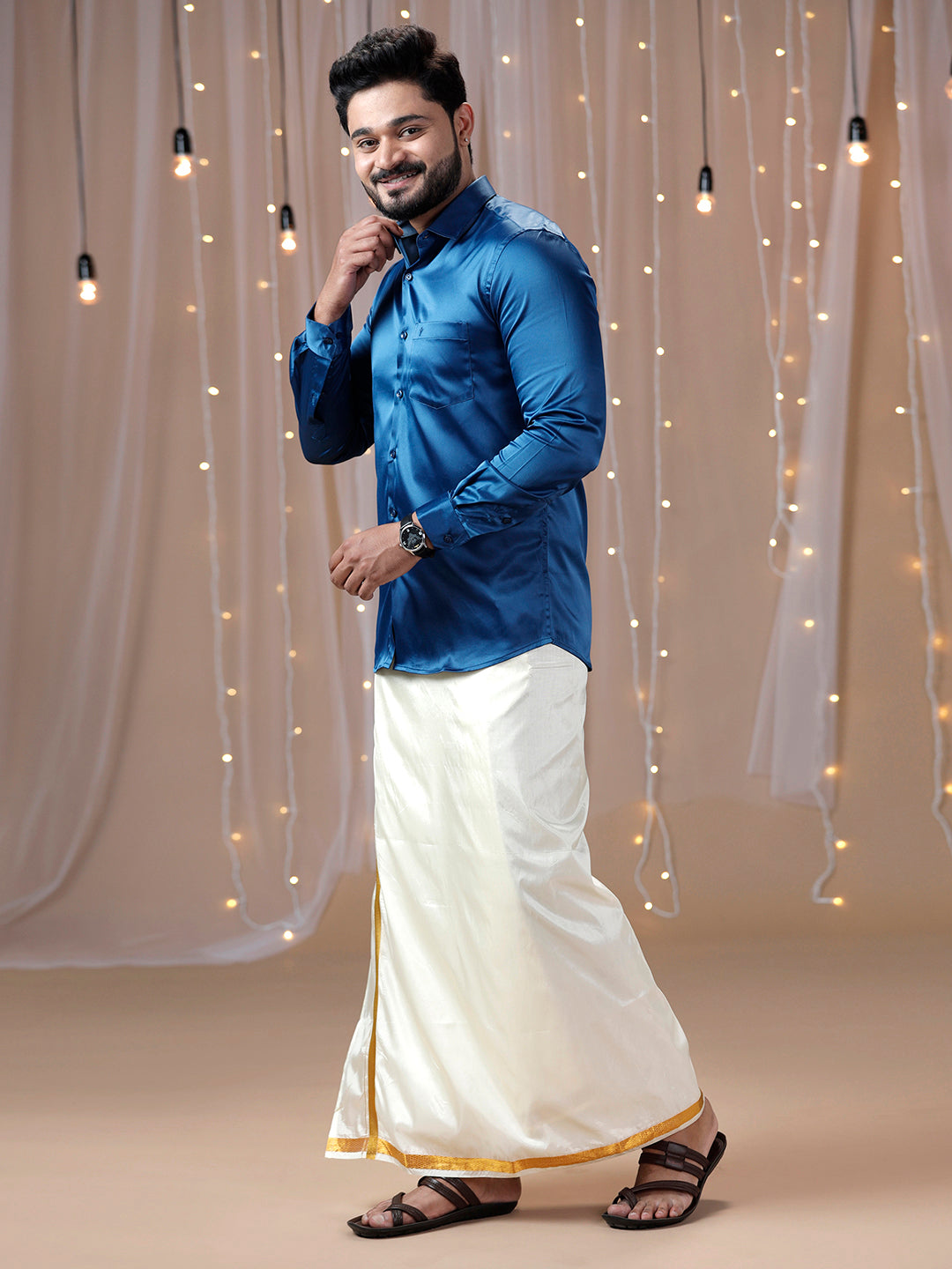 Mens Dark Blue Full Sleeves Shirt with Art Silk Double Dhoti Combo PS4-Side view