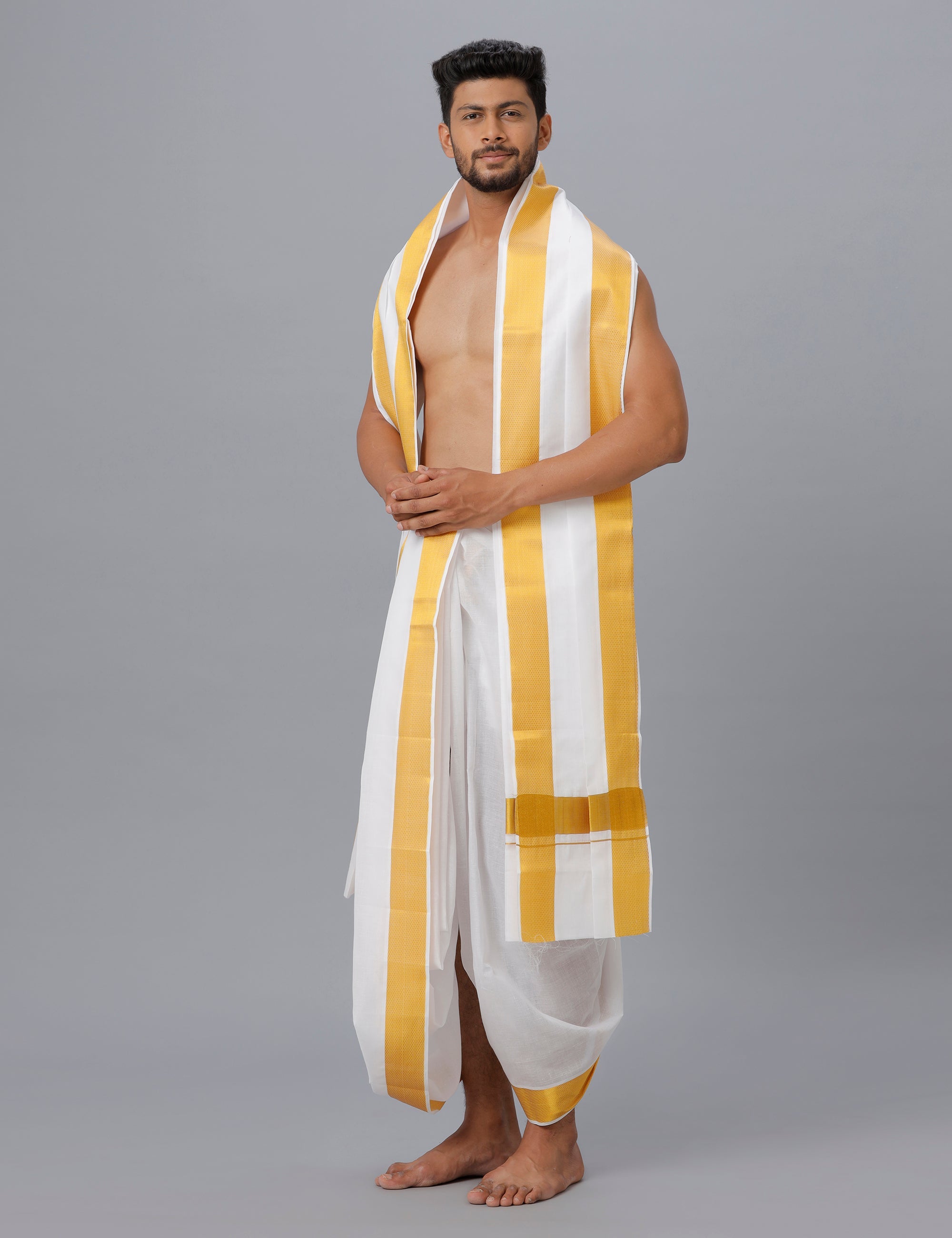 Mens White Panchakacham with Angavasthram Mithran 60K (9+5)-Side view