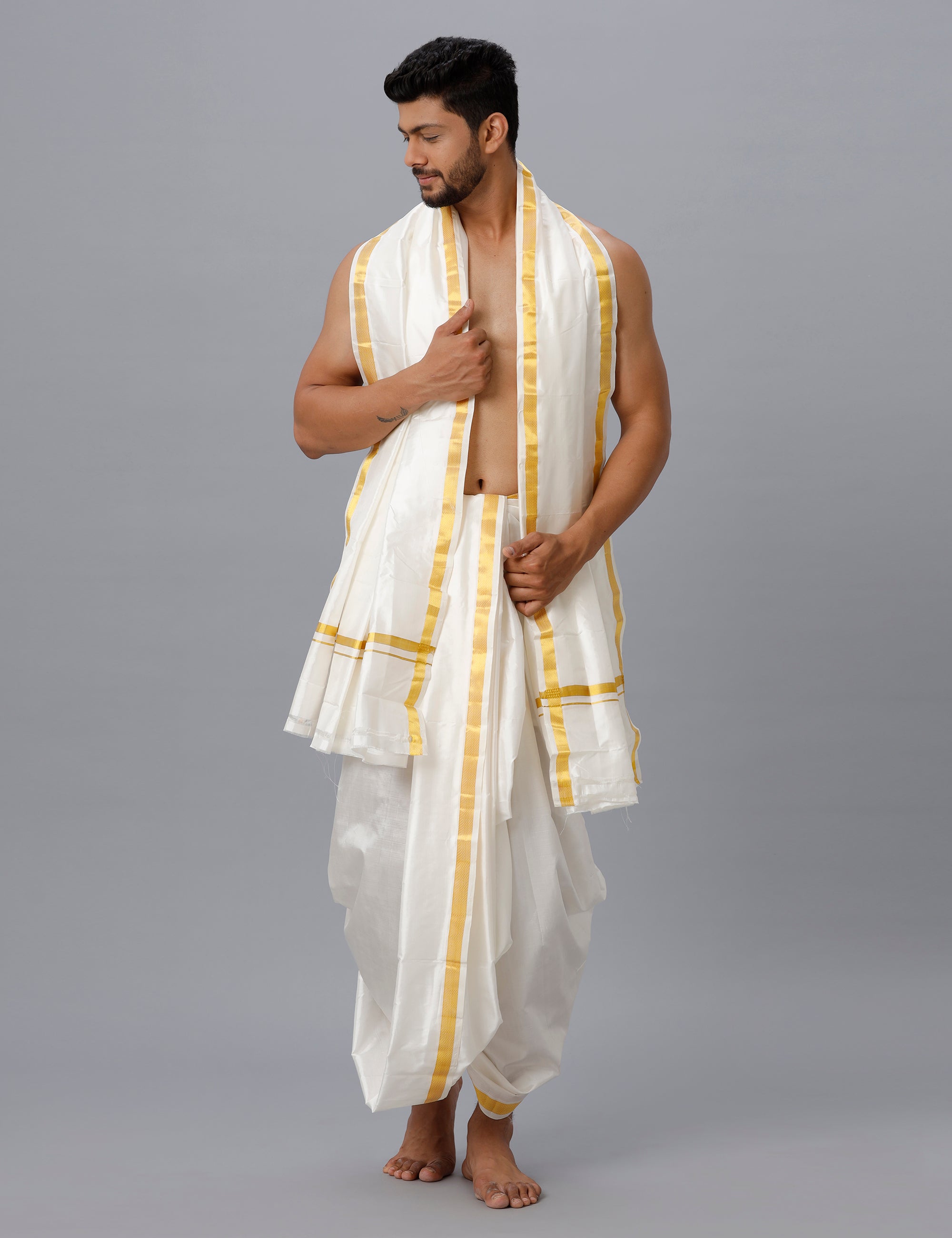 Mens Art Silk Cream Panchakacham with Angavastram Subhodhaya 50K (9+5)