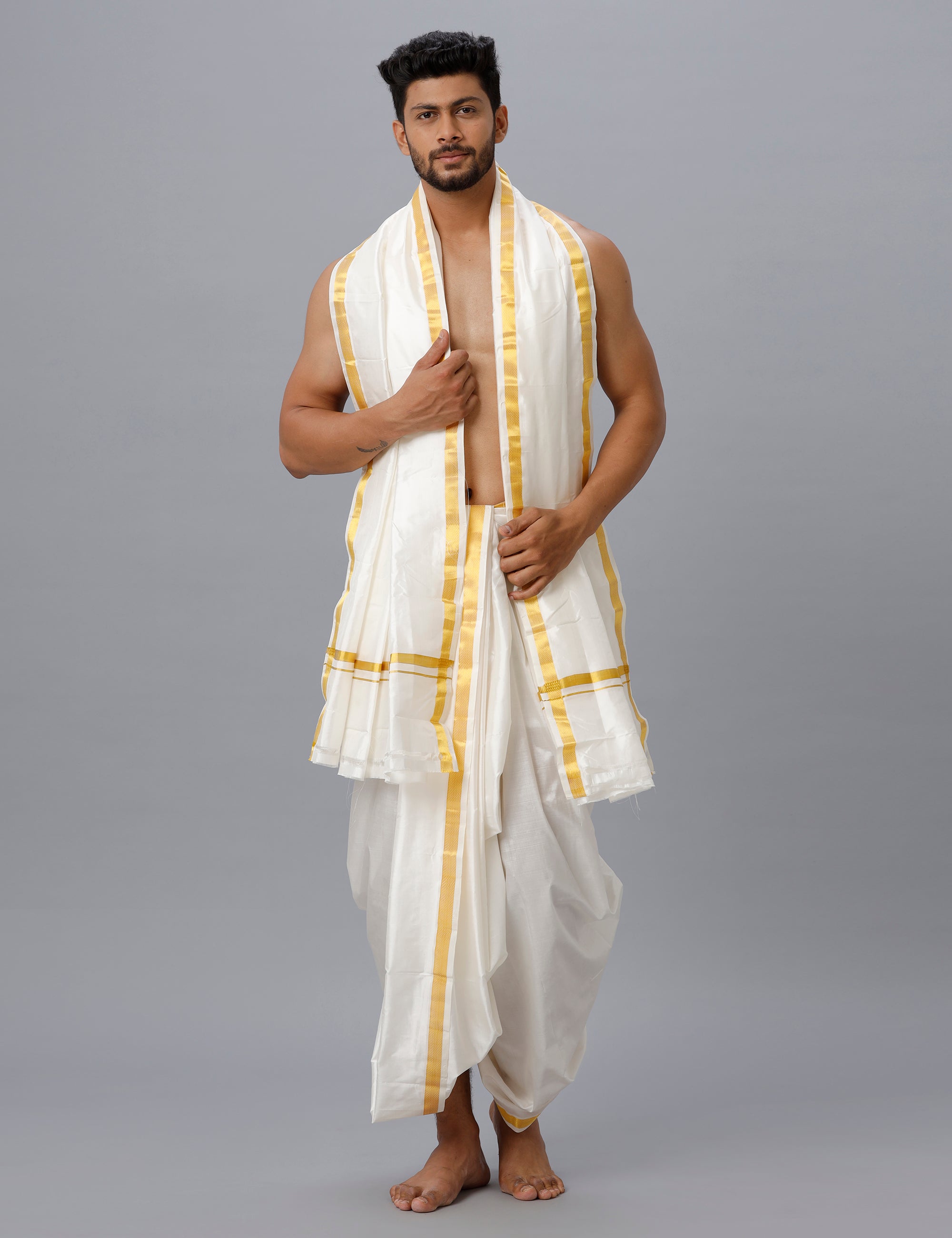 Men Art Silk Cream Panchakacham with Angavasthram Set Mangala Charan (8+4)