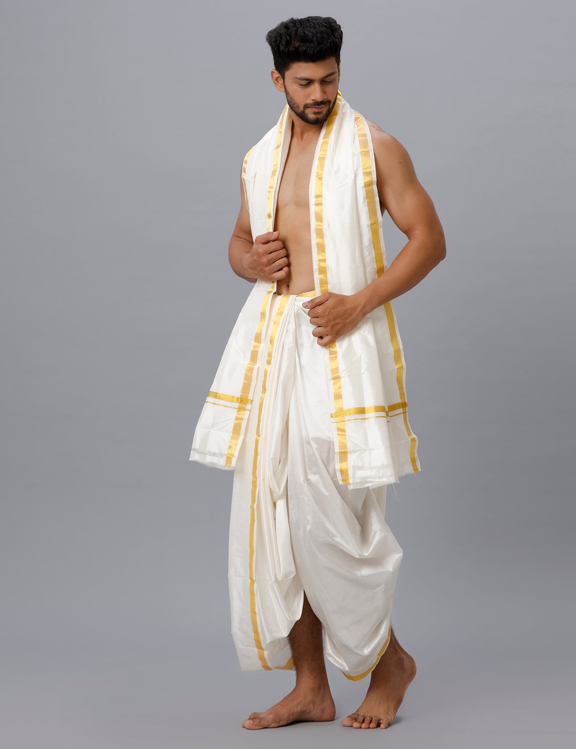 Men Art Silk Cream Panchakacham with Angavasthram Set Mangala Charan (8+4)