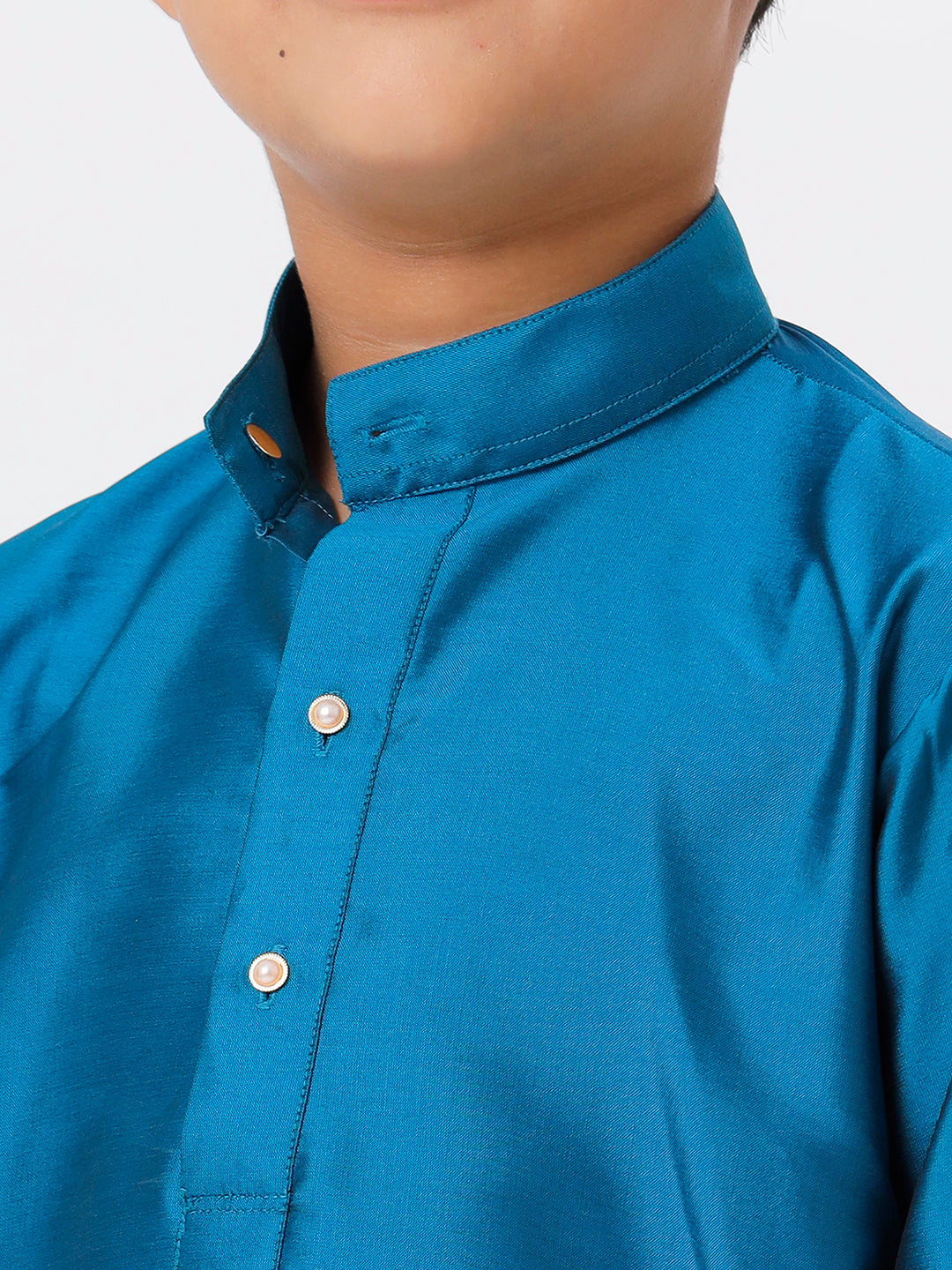 Boys Silk Cotton Full Sleeves Ramar Blue Kurta with Gold Jari Dhoti Combo