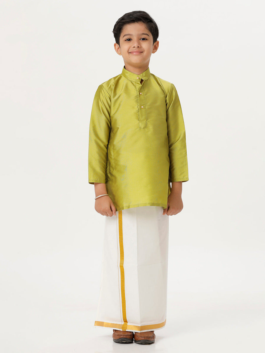 Boys Silk Cotton Full Sleeves Parrot Green Kurta with Gold Jari Dhoti Combo