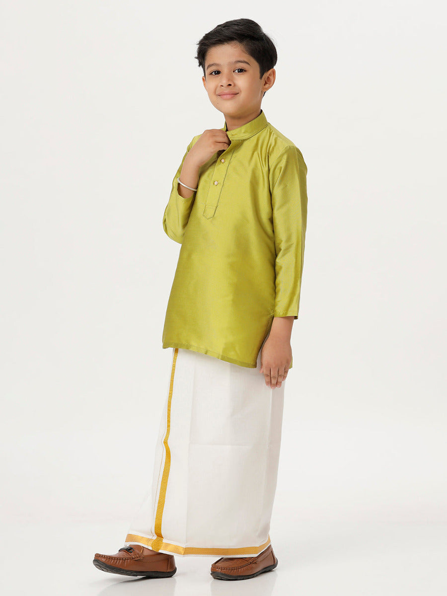 Boys Silk Cotton Full Sleeves Parrot Green Kurta with Gold Jari Dhoti Combo-Side view