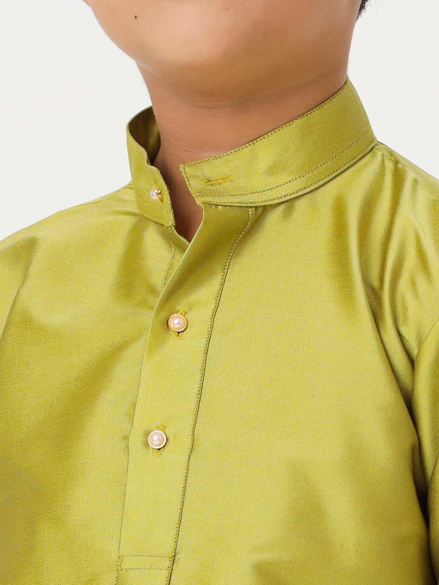 Boys Silk Cotton Full Sleeves Parrot Green Kurta with Gold Jari Dhoti Combo-Zoom view