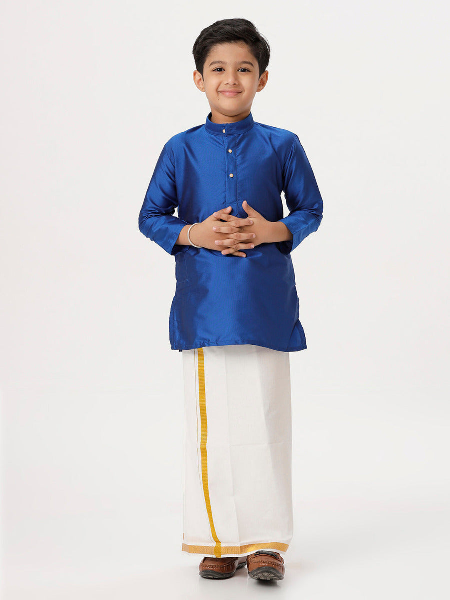 Boys Silk Cotton Full Sleeves Royal Blue Kurta with Gold Jari Dhoti Combo