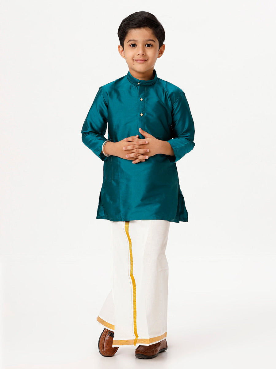 Boys Silk Cotton Full Sleeves Dark Green Kurta with Gold Jari Dhoti Combo-Front view