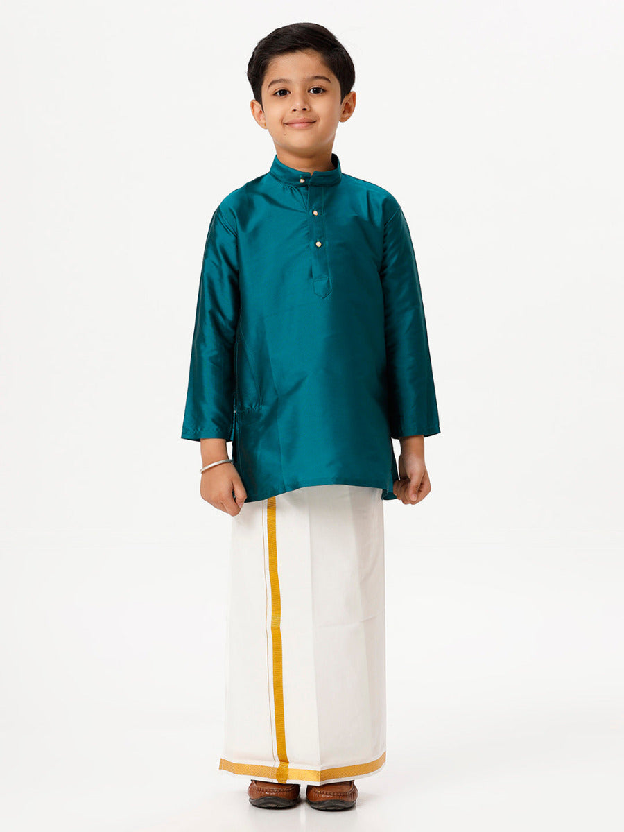 Boys Silk Cotton Full Sleeves Dark Green Kurta with Gold Jari Dhoti Combo