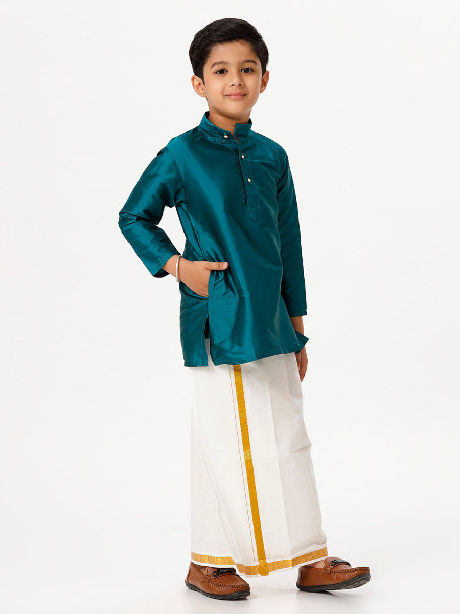 Boys Silk Cotton Full Sleeves Dark Green Kurta with Gold Jari Dhoti Combo-Side view