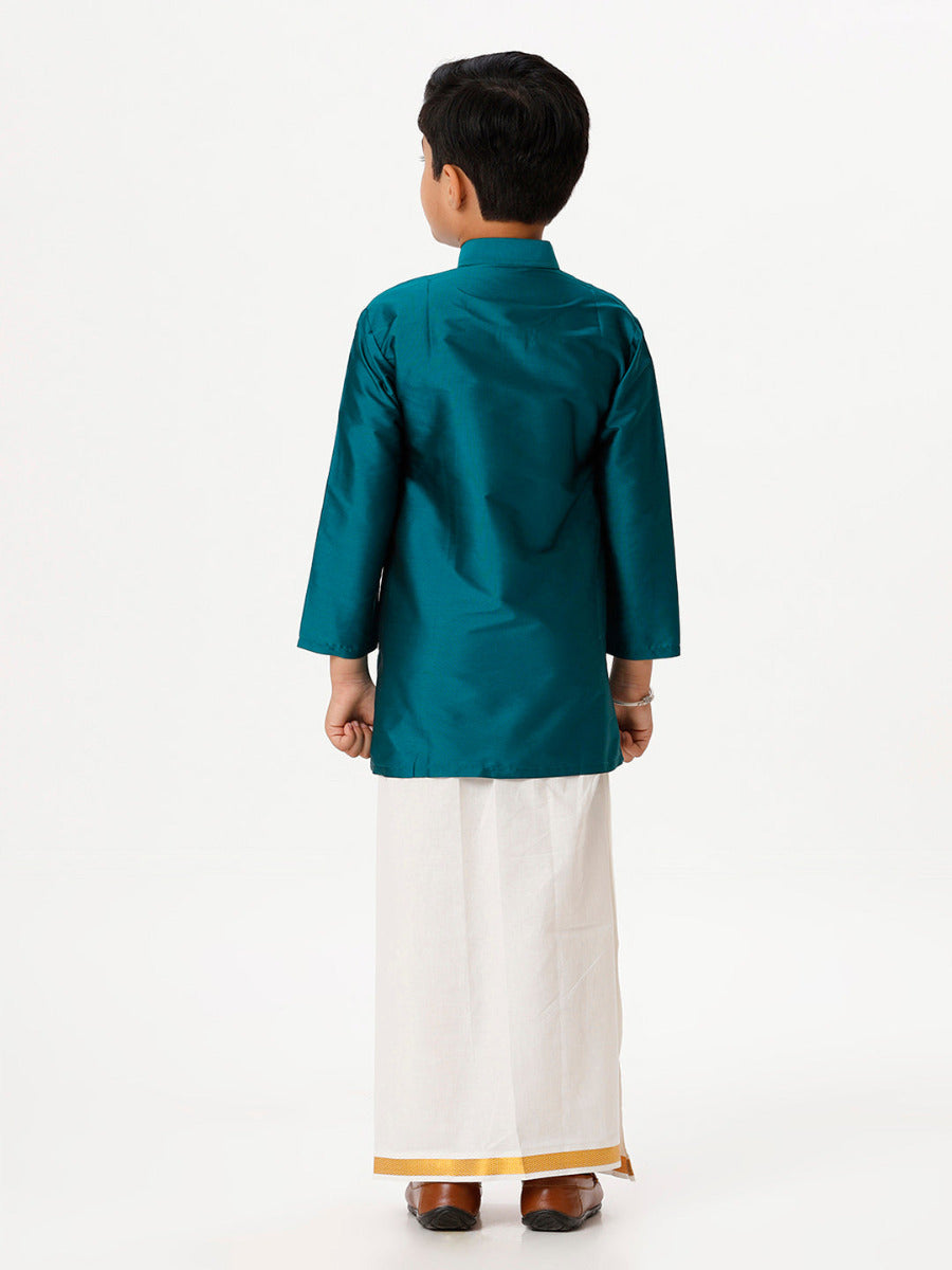 Boys Silk Cotton Full Sleeves Dark Green Kurta with Gold Jari Dhoti Combo-Back view