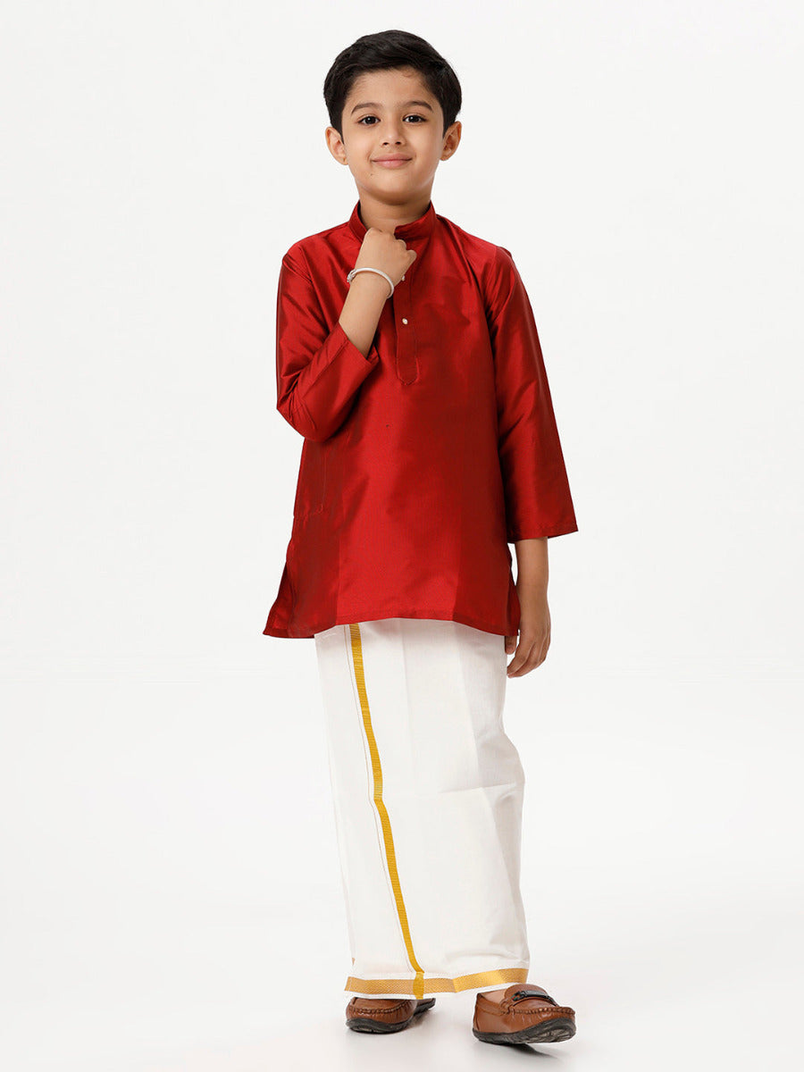 Boys Silk Cotton Full Sleeves Red Kurta with Gold Jari Dhoti Combo-Front view