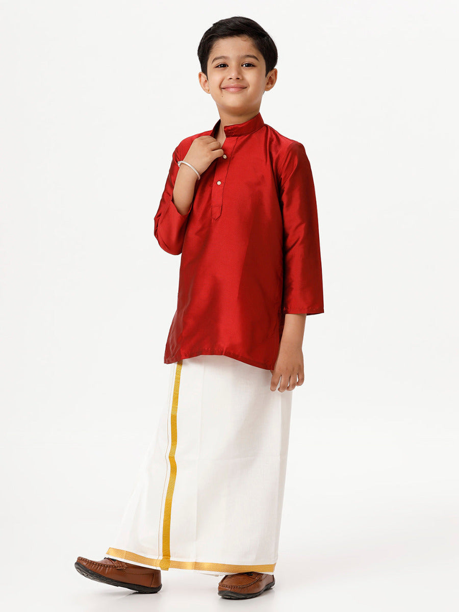 Boys Silk Cotton Full Sleeves Red Kurta with Gold Jari Dhoti Combo-Front alternative view