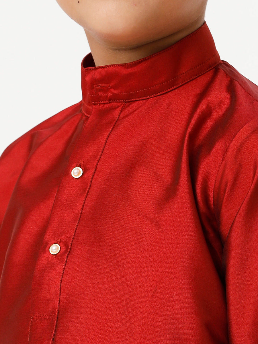 Boys Silk Cotton Full Sleeves Red Kurta with Gold Jari Dhoti Combo-Zoom view